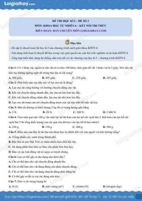 Đề thi học kì 1 KHTN 6 - Kết nối tri thức - Đề số 3